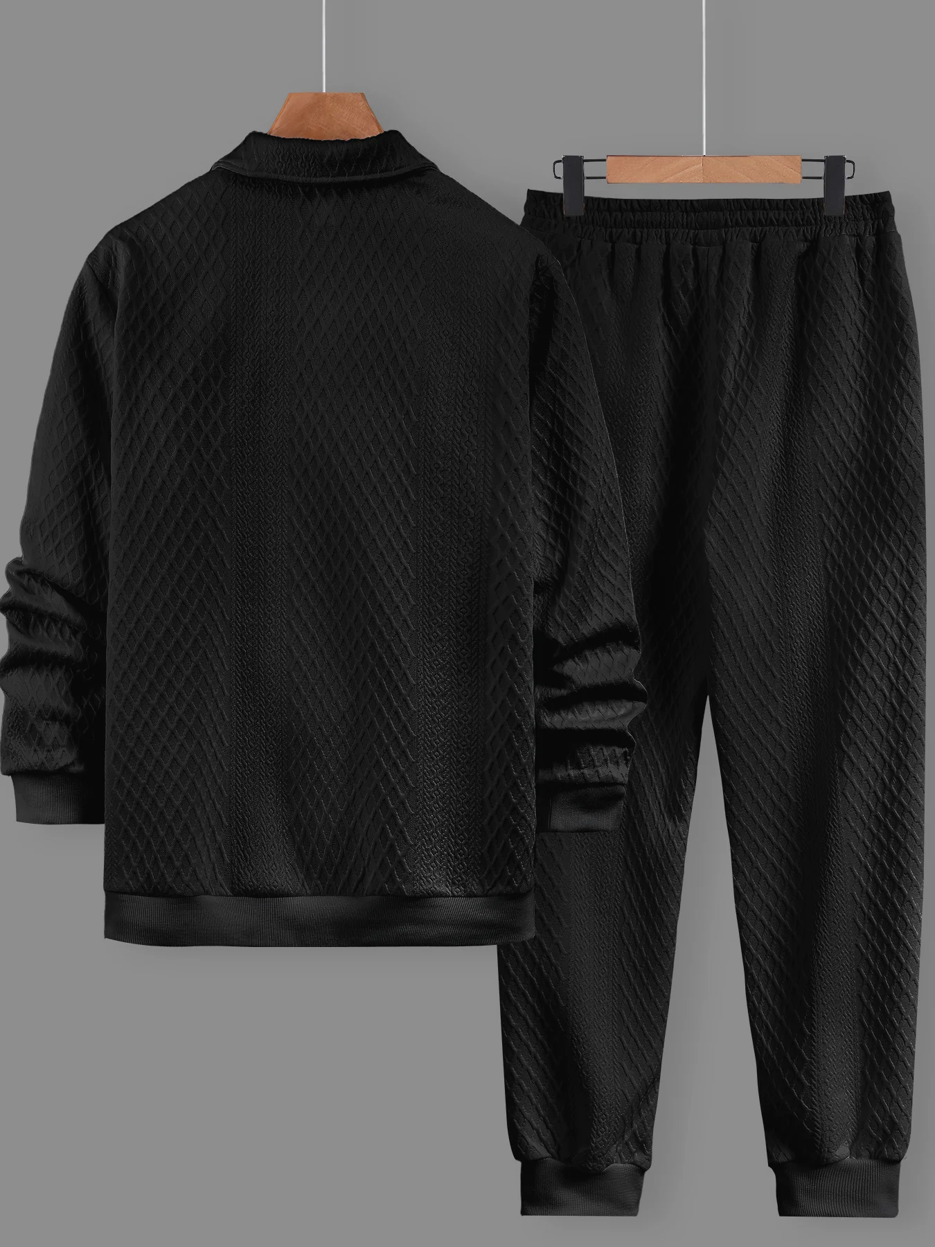 Men's Casual Loungewear, Premium Textured Polo Collar Top & Elastic Waist Tapered Pants - 2