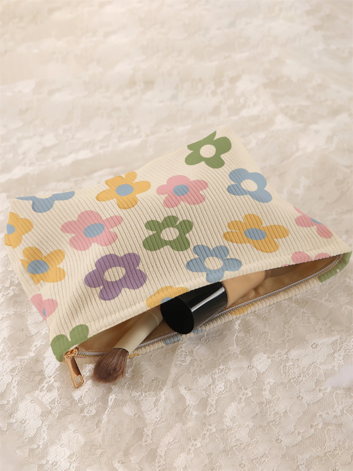 1 floral patterned corduroy makeup bag, lightweight zipper makeup storage box, multifunctional bag with lining