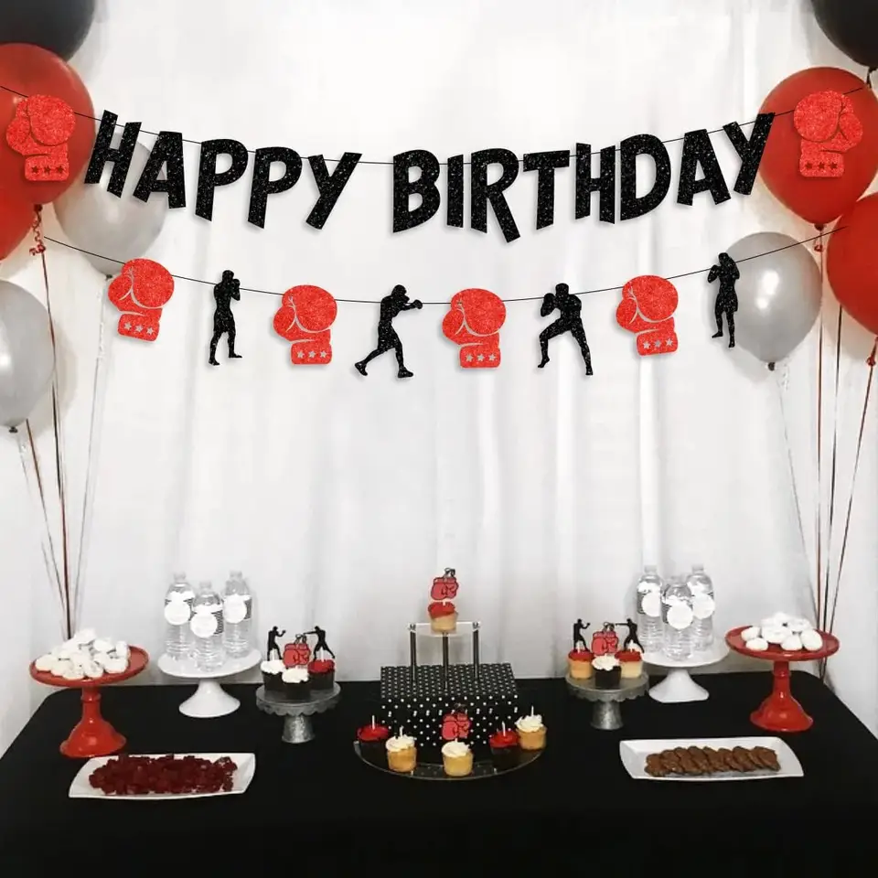 LSJDEER Incontro di boxe Decorazioni per feste di compleanno - Boxe Happy Birthday Banner Cake Topper Palloncini Tovaglia Bracciale per forniture per feste di wrestling Incontro di boxe Sport