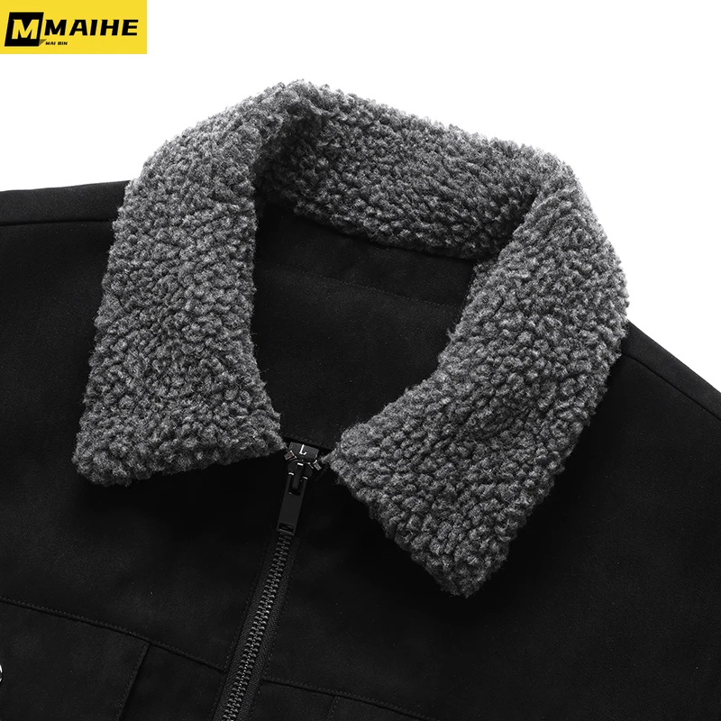 High quality Lamb fleece warm jacket for men 2023 Winter Harajuku buckskin fleece thickened Parkas casual windproof coat for men