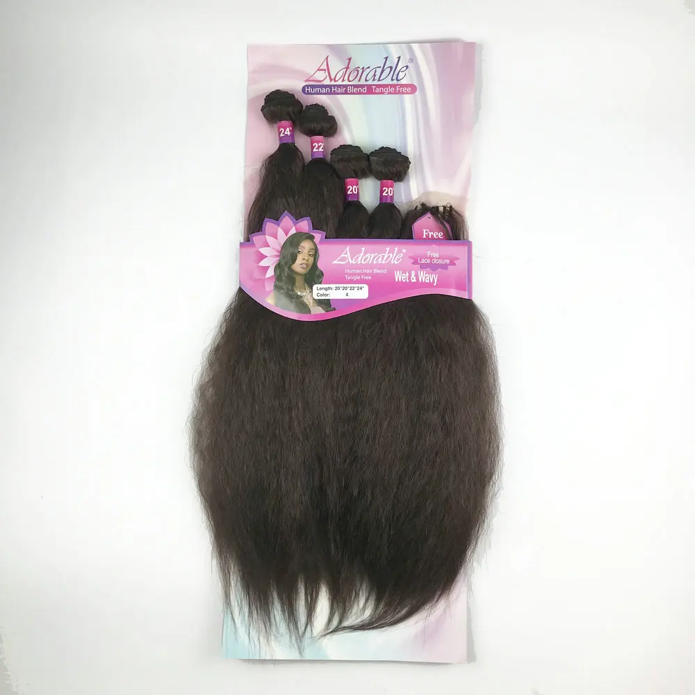 Adorable Kinky Straight Hair Weave Bundles Extensions Heat Resistant Fiber Natural Color Soft Synthetic Packet Hair Wet&Wavy 4pc