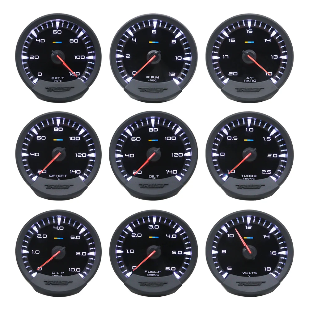 GReddi Sirius Meter Series Trust 74mm White LED Auto Gauge Volt Water Temp Oil Temp Oil Press RPM Turbo A/F Ratio Fuel Press