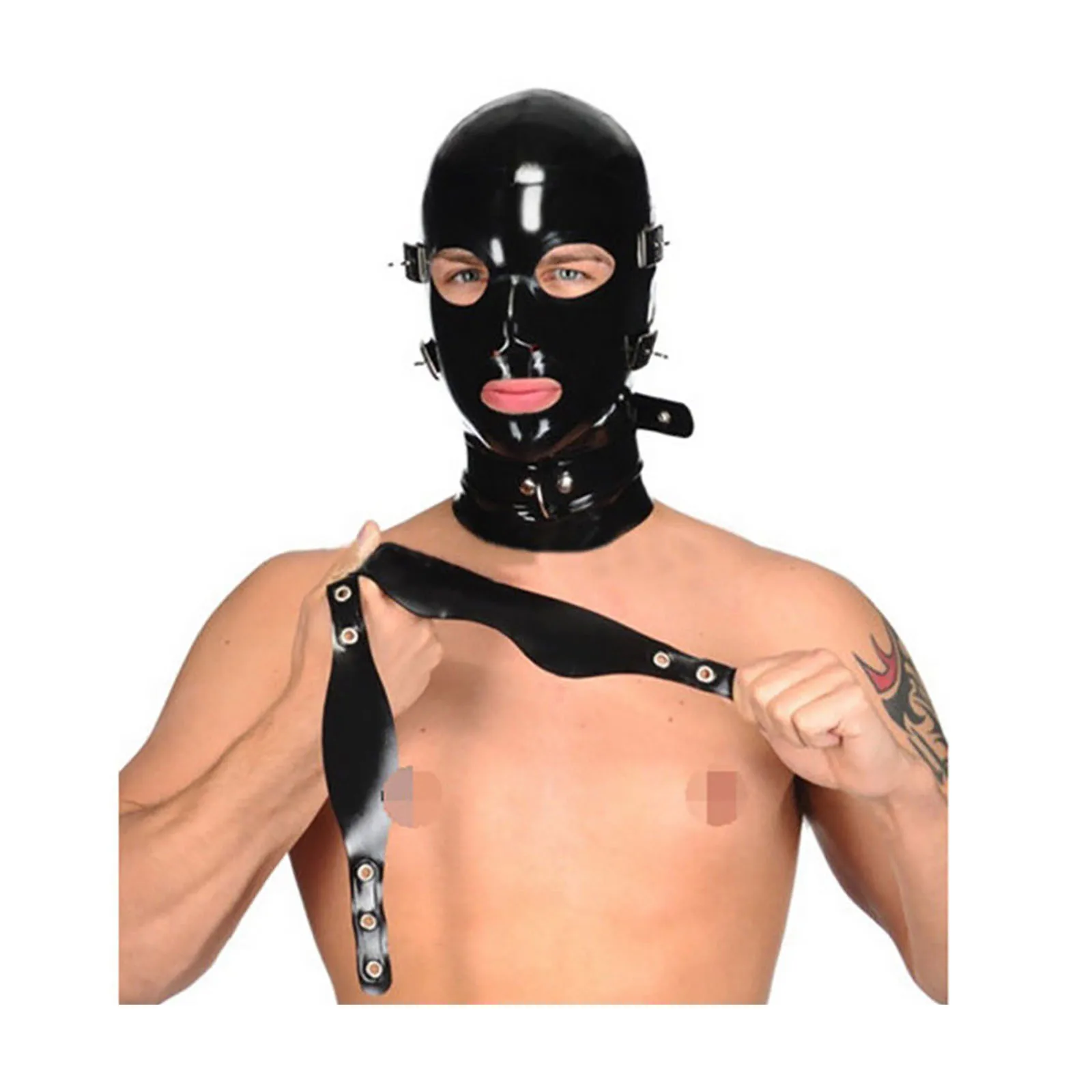 

MONNIKLATEX Full Cover Latex Hood with Removable Eyes&Mouth Mask and Collars Rubber Mask with Rear Zipper Handmade