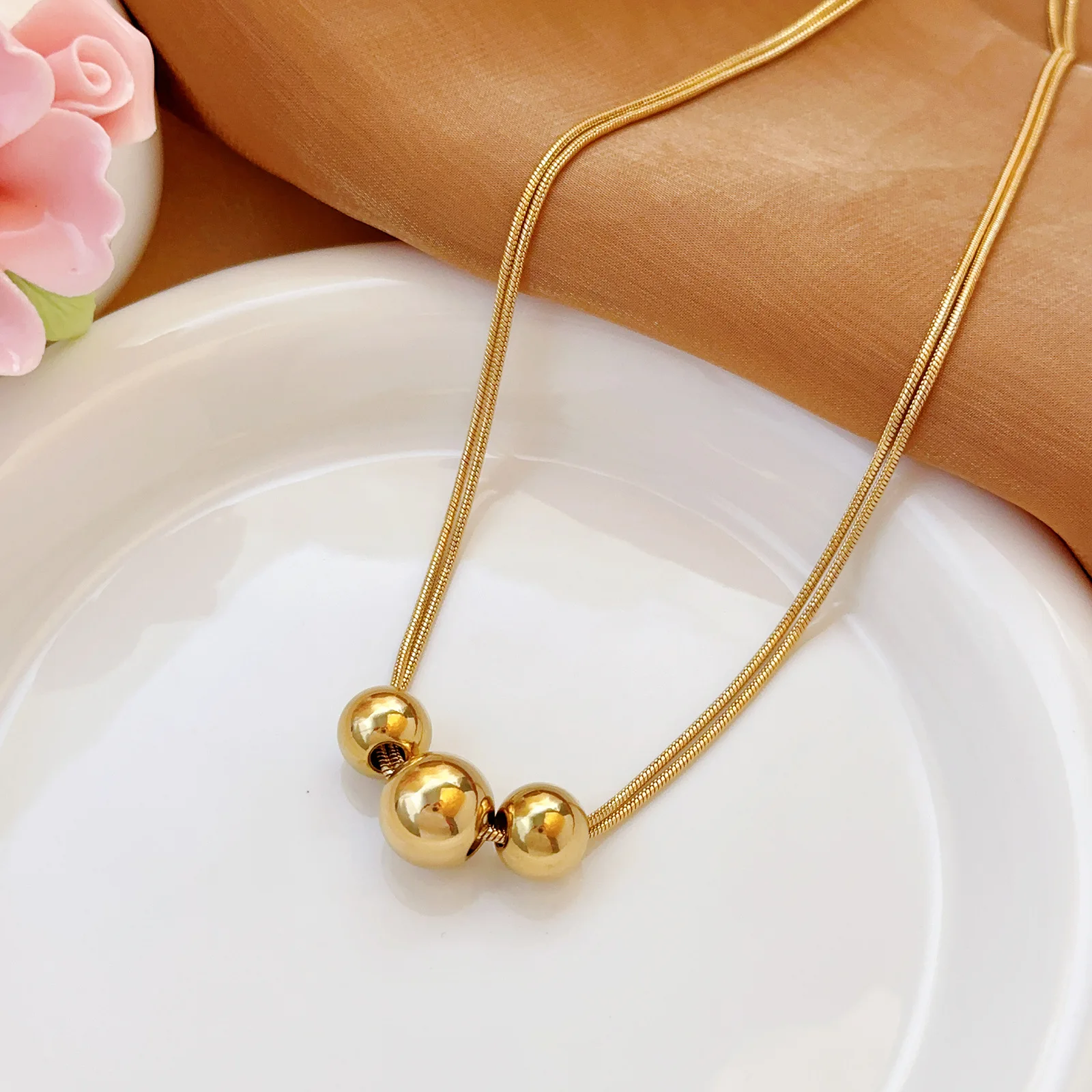 Minimalist Round Bead Pendant Necklace - Stainless Steel Clavicle Choker with Long Chain Fashion Jewelry