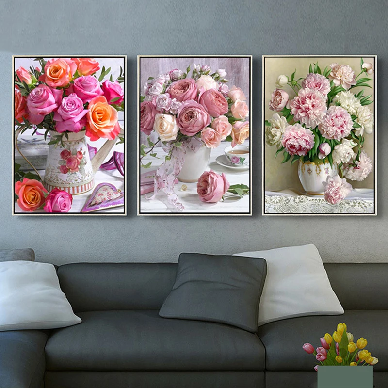 Diamond Painting 5D DIY Flowers Vase Cross Stitch Kit Full Drill Embroidery Mosaic Rose Art Picture Of Rhinestones Gift Decor