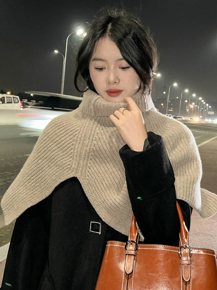 여성용 100% 울 짧은 판초 터틀넥 숄 랩, 두꺼운 갈비뼈, 니트 액세서리 케이프, 소프트 울 스카프, 넥 워머 카파 2023