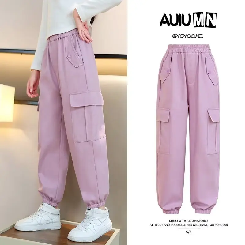 Spring & Autumn Girls Cargo Pants Children's Sweatpants Fashion  Kids Clothes Casual Pants Korean Pockets Streetwear Cargo Pants