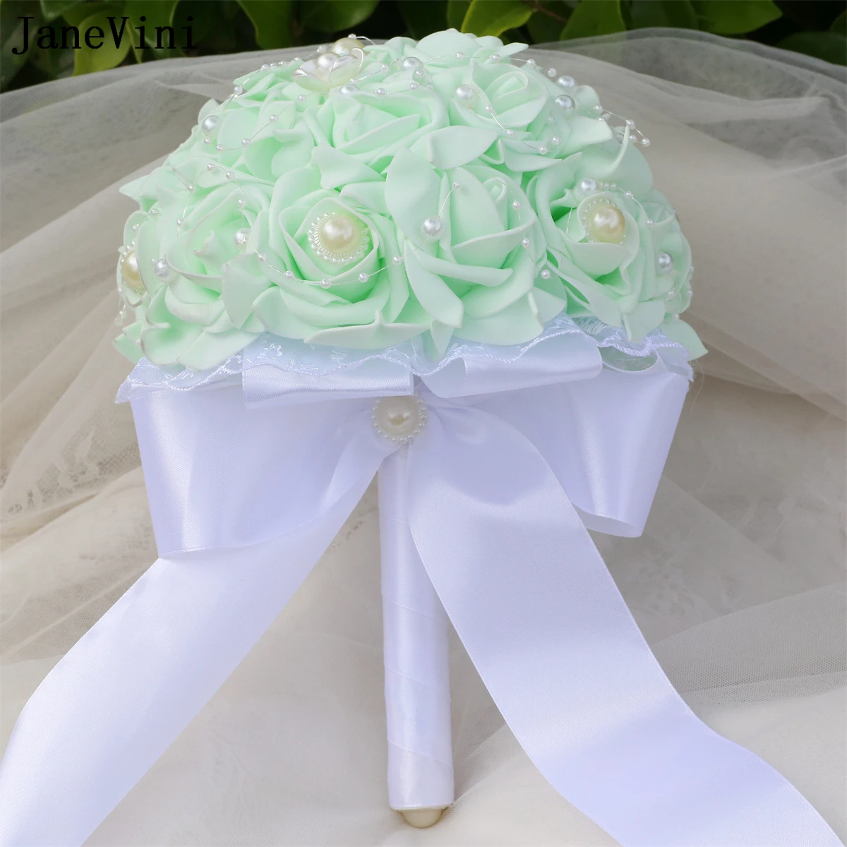 JaneVini Elegant Mint Green PE Flowers Bridal Bouquets with Pearls Artificial Foam Roses Fake Bouquet Bride Wedding Accessories