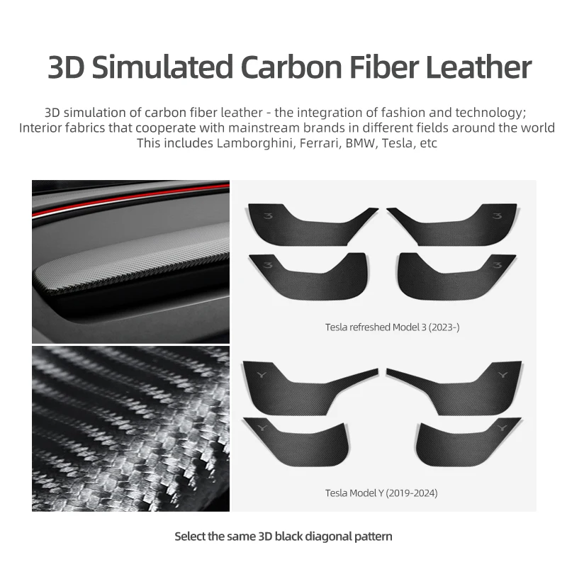 Carbon Fiber PVC Leather Car Door Anti-kick Pads Trim Sticker Interior Accessories For Tesla Model 3 Highland Model Y Juniper car door protection film
