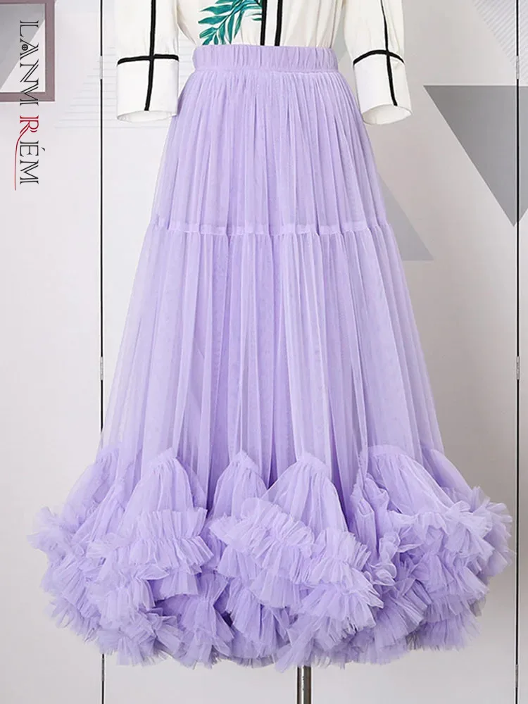 LANMREM Mesh Skirts For Women Elastic Waist Solid Color Ruffles Large Hem Luxury Party Clothing 2025 Summer New 2DA6808