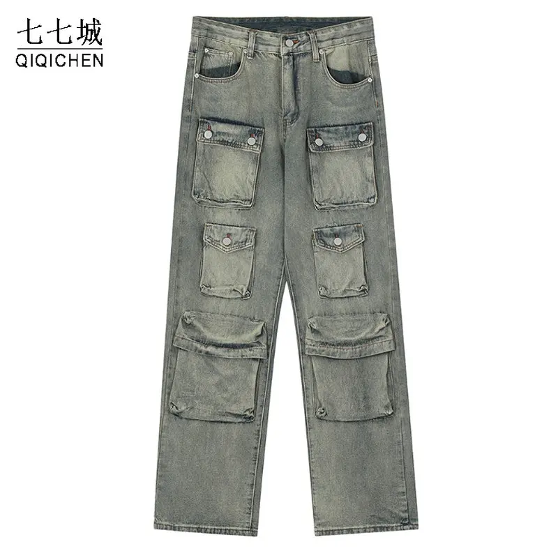 

Hip Hop Multi-Pocket Jeans Men Washed Distressed Straight-leg Denim Pants Vintage Casual Loose Trousers Unisex Streetwear Fall