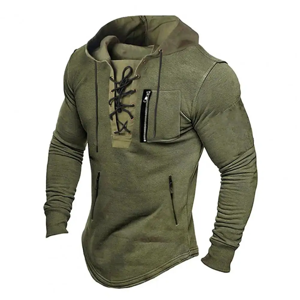 

Men Fall Spring Top Lace Up Drawstring Solid Color Long Sleeve Zipper Pockets Pullover Streetwear Soft Breathale Men Mid Length