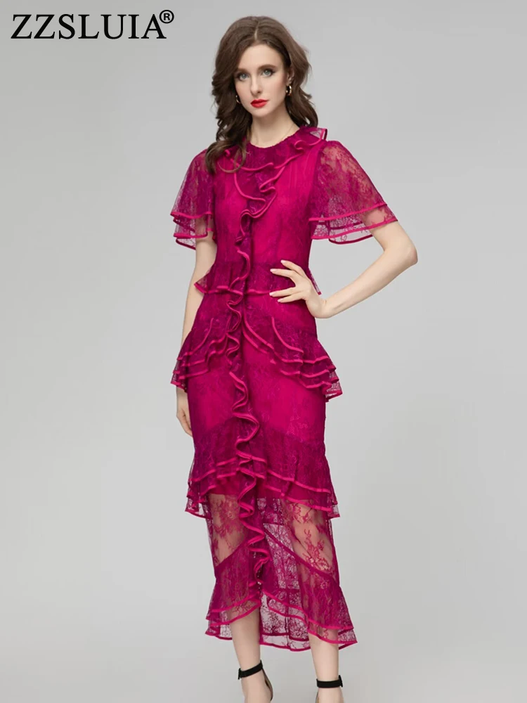 

ZZSLUIA дизайнерские платья с оборками, кружевные облегающие длинные платья с коротким рукавом, модные французские Элегантные платья-годе для женщин