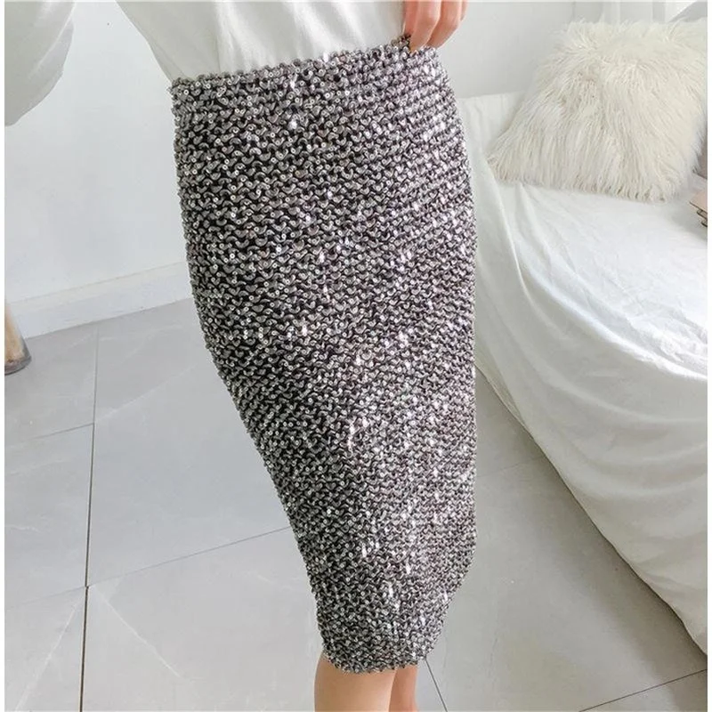 Fashion Winter Women Knee Skirts Gold Sequin OL Bodycon Sexy Slim Midi Pencil Skirts Street Party Simple Autumn Skirt Tunic gk women jackets coats lapel collar cardigan dropped shoulder above knee open front sweater korean casual street winter coat