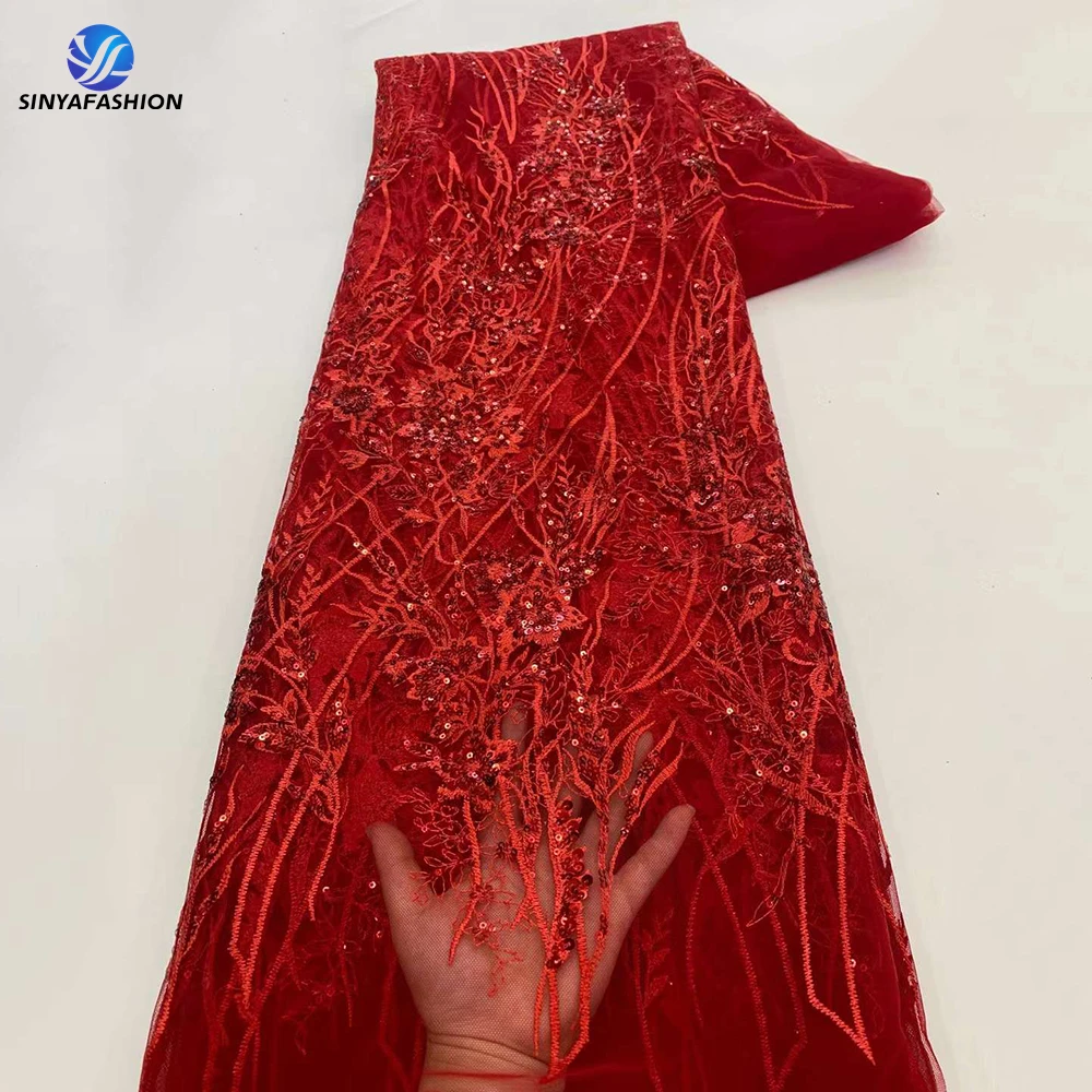 

Sinya Red White Black Gold African Nigerian Sequins Lace Fabric 2024 High Quality Navy Blue Luxury Sequins French Tulle Lace