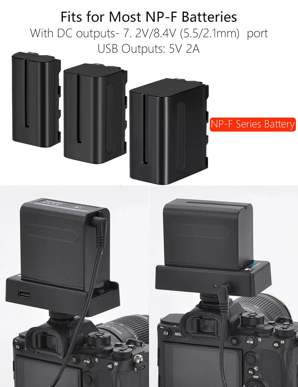 Probty DSLR Camera Clamp NP-F Battery Adapter Plate for Sony NP-F Type Batteries 8.4V/7.4V Output Port DC 5.5x2.1mm camera clamp,battery adapter plate