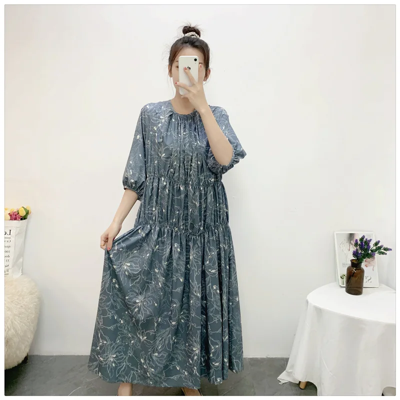 

Simple and Atmospheric Dress 2024 Spring and Summer Fashion New Round Neck Bubble Sleeve Floral Dress Long Dress Large Hem