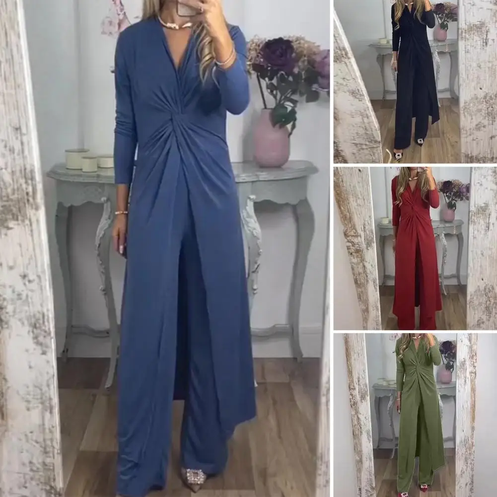 

V-neck Slit Top Wide-leg Trousers Women Casual Two-piece Set Stylish Women's V-neck Twisting Trousers Set Comfortable for Spring