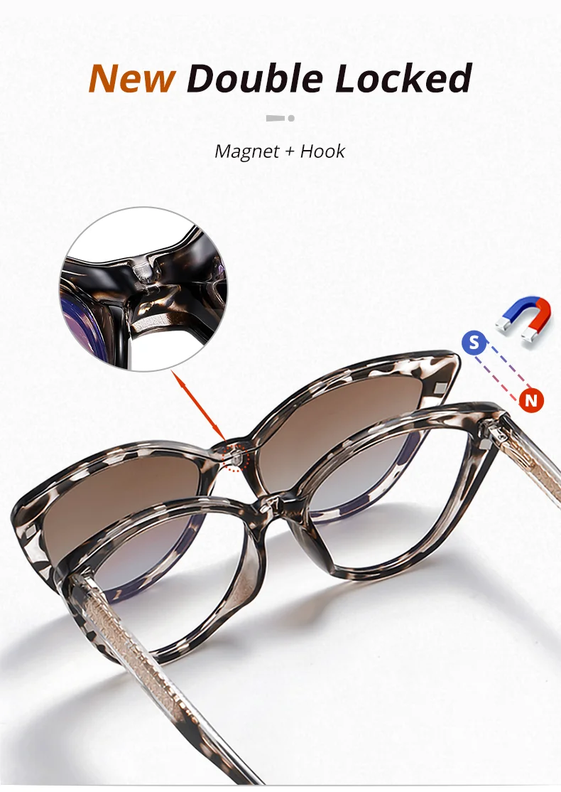 Ralferty 2-in-1-Luxus-Katzenaugen-Magnet-Sonnenbrille, polarisierter Blaulichtfilter, aufsteckbare Glas-Sonnenbrille mit Federscharnier und Farbverlauf – Detail 3