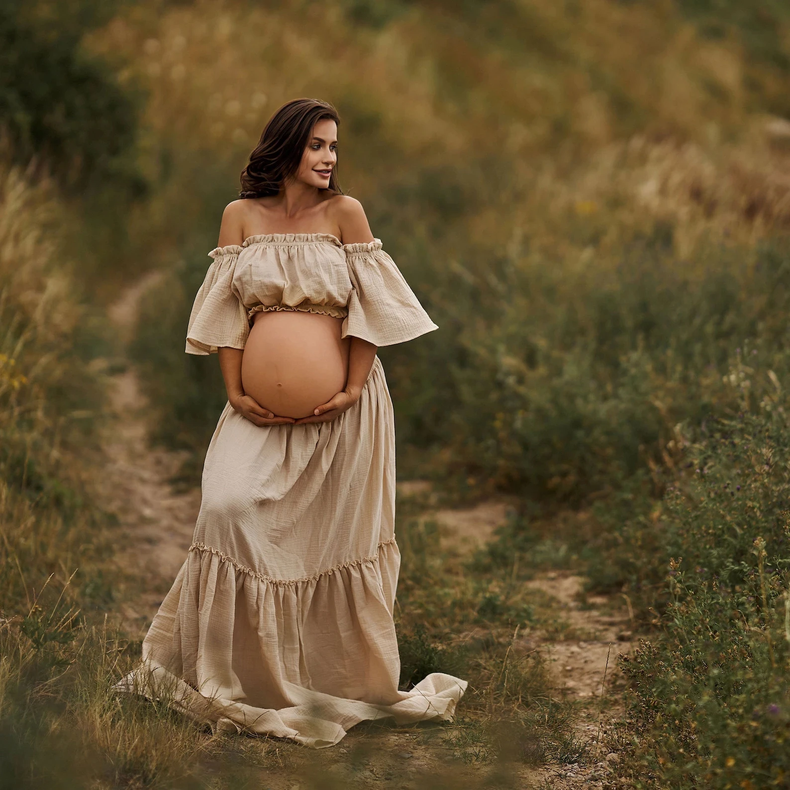 Pure Cotton Boho Dress For Photography Comfortable Vintage Maternity Outfit Short Sleeve Dress For Pregnancy Photo Shoot
