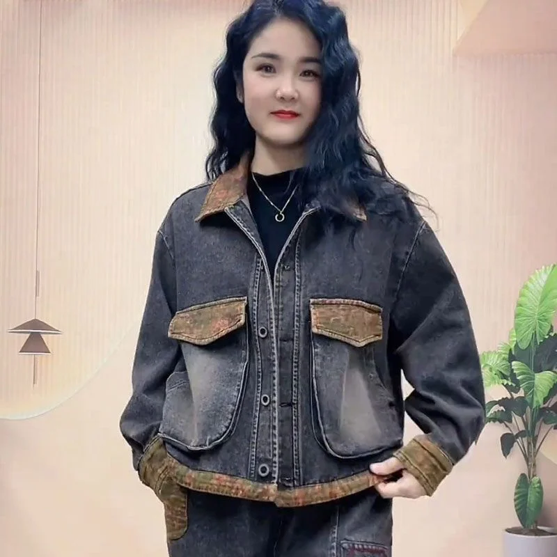 Retro Women Jeans Suits 2025 New Autumn Women's Hooded Stitching Denim Jacket Fashion Suit Female Two-Piece Sets Cotton Vintage