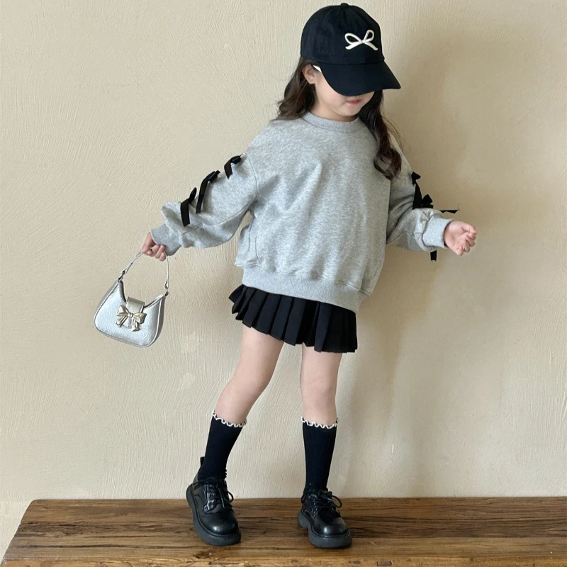 Autumn New Children's Three-dimensional Bow Grey Long-sleeved Top with Black Net Skirt Kids Clothing Children's Sets