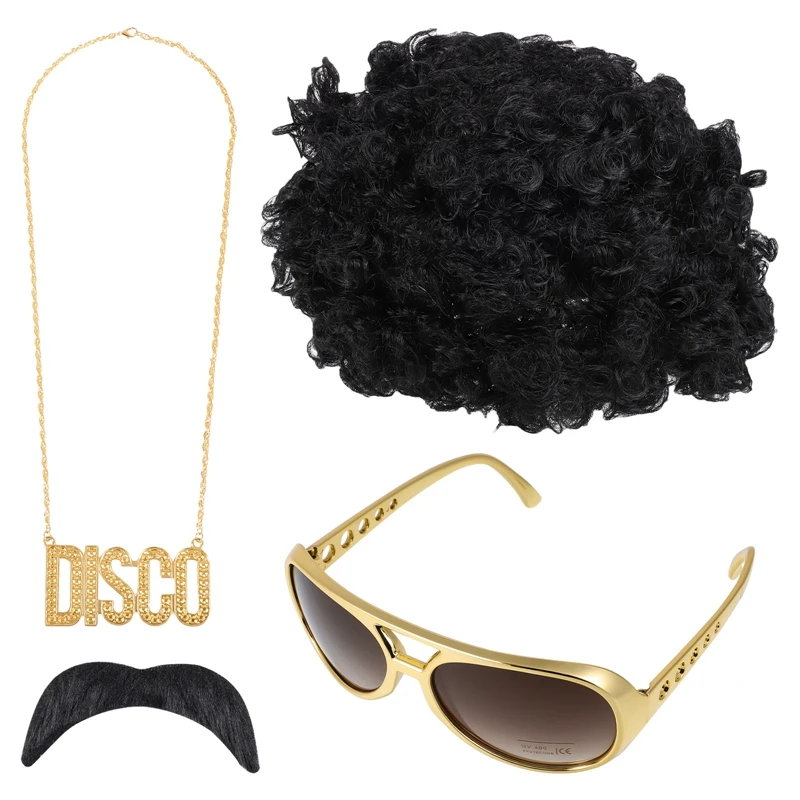 

Disco Hip Hop Costume Set Funky Afro Wig Sunglasses Mustache Stick Letter Peace Sign Necklace for 50/60/70s/80s Theme Party