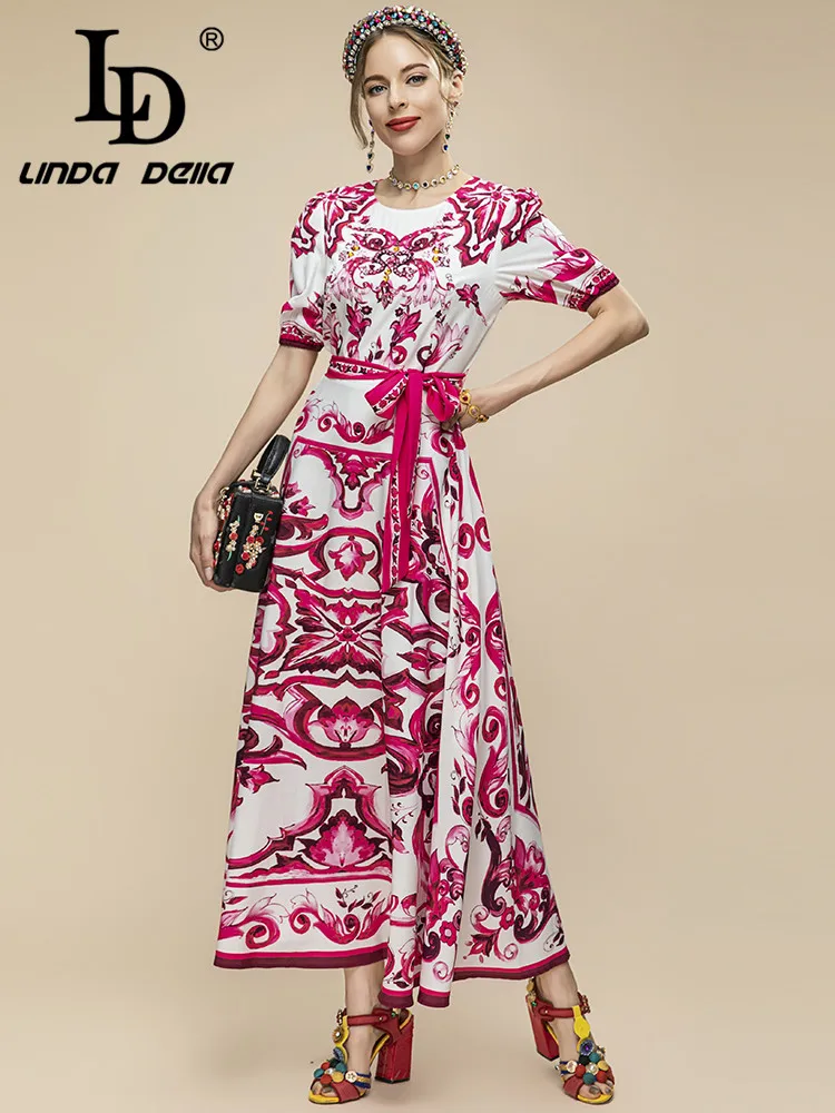 

LD LINDA DELLA New 2023 Summer Runway Fashion Dress Women Short sleeve Beading Belted Flower print Vintage Holiday Party Dress