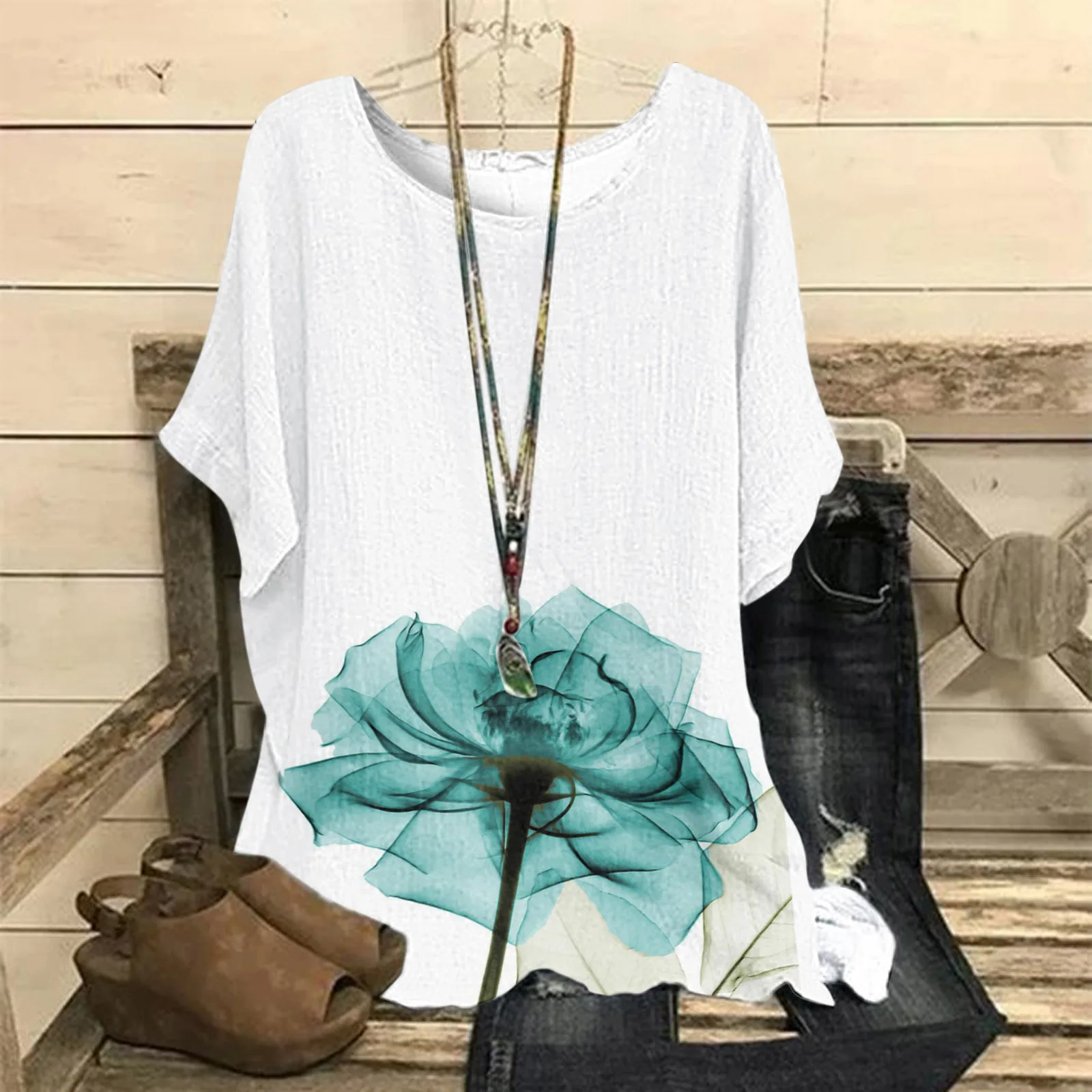 

Women Blouse 2023 Summer New Floral Print Lady Tops Short Sleeve Casual Loose T-Shirt Elegant O Neck All-match Female Streetwear