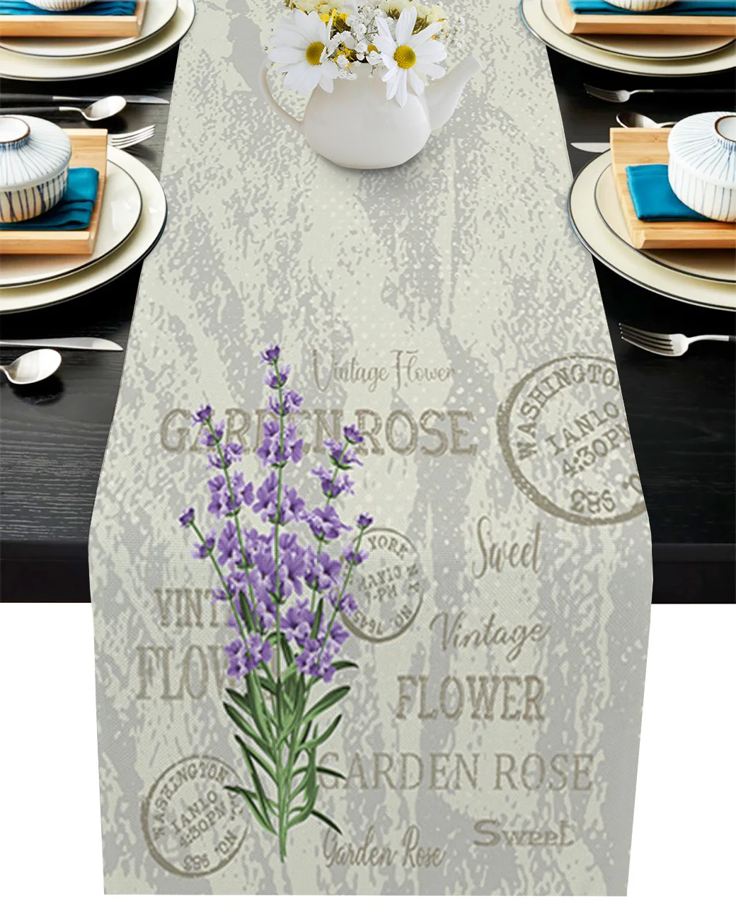 

Purple Flowers Lavender Vintage Postcard Linen Table Runner Kitchen Table Decoration Dining Tablecloth Wedding Party Decor
