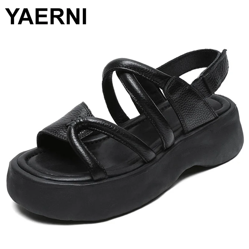 

Genuine Leather Thick Sole Sandals Summer 2023 New Waterproof Platform Shoes Women Vintage Comfort Peep Toe Sandals
