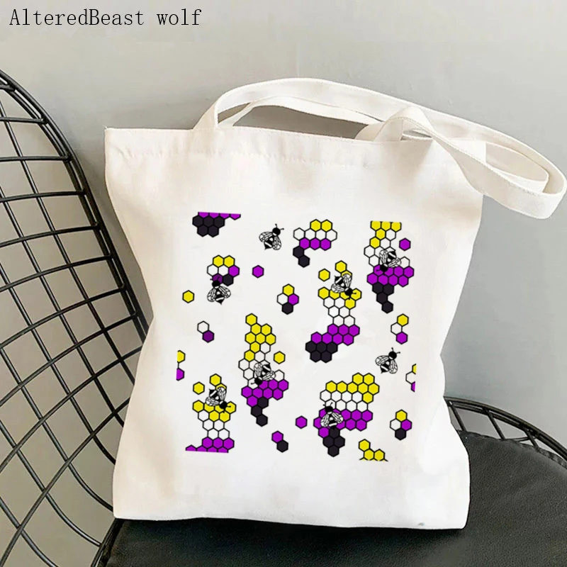 Women Shopper bag Genderfluid Pride Bees Kawaii Bag Harajuku Shopping Canvas Shopper Bag girl handbag Tote Shoulder Lady Bag