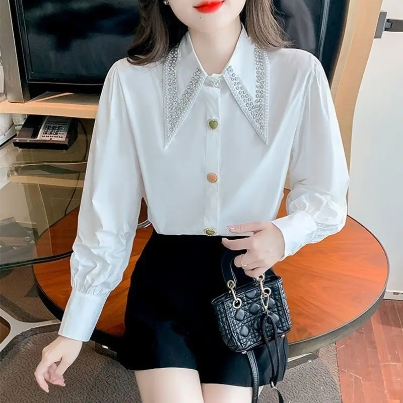 Vintage Hong Kong Style Shirt Spring Autumn Turn-down Collar Stylish Diamonds Beading Female Clothing Single-breasted Blouse New