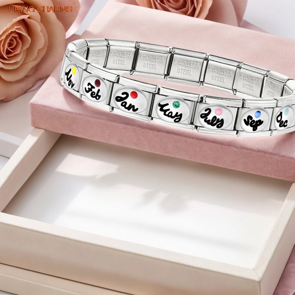 URING Großhandel Bunte Edelstahl-Charm-Perlen Italienische Links Passend für 9 mm Mode 1-12 Monate Armbandherstellung DIY Schmuck Geschenke – Detail 5