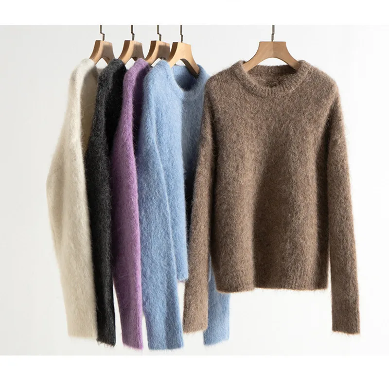Women's Alpaca Wool thick Sweater winter Round Neck Loose Solid Color Knit Pullovers Top 6
