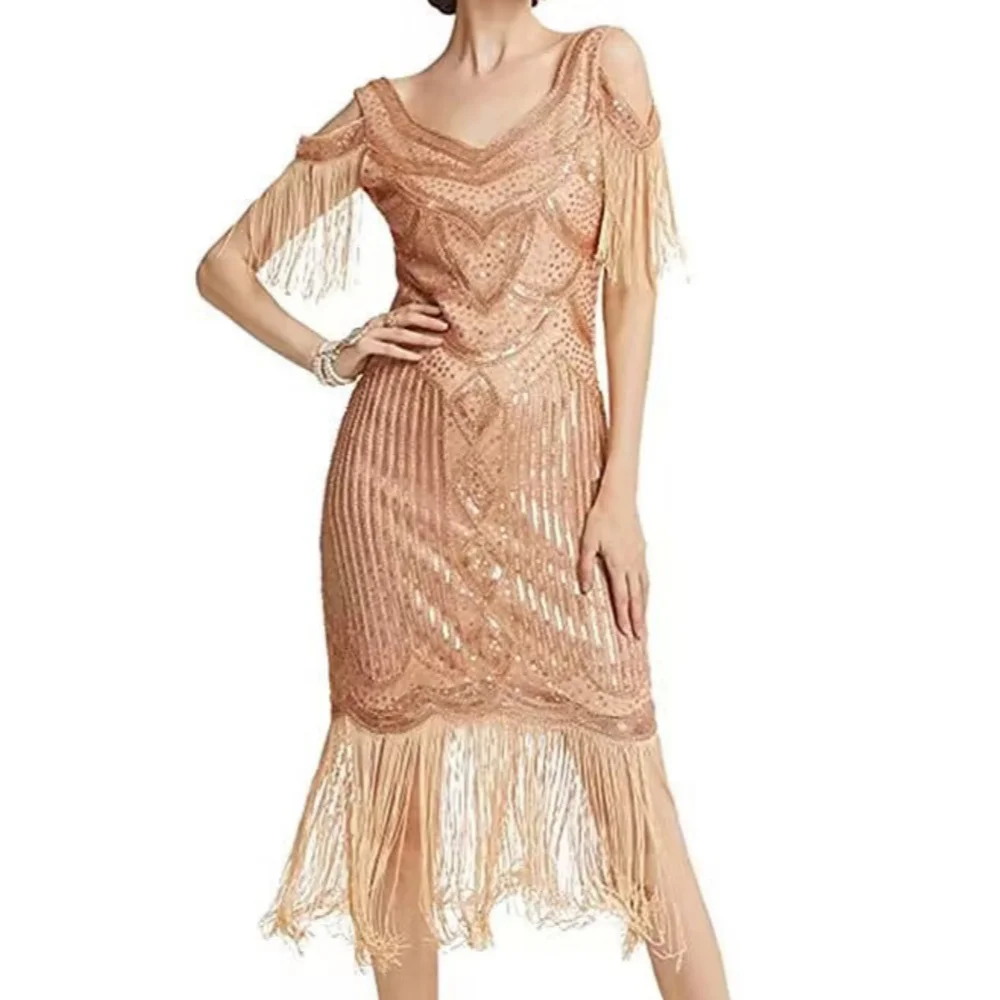 1920s Gatsby Ball Heavy Industry Embroidery Beading Retro Sequin Skirt Banquet Dress Cocktail Party V Dress