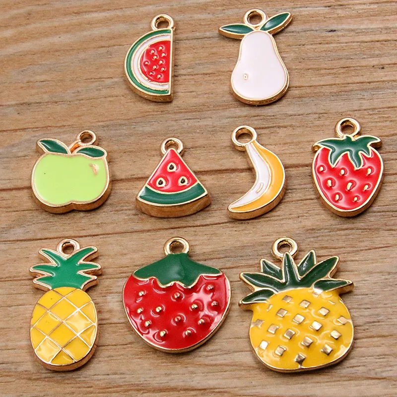 

10pcs 9 Styles Alloy Metal Drop Oil Pear Banana Watermelon Apple Charms Fruit Pendant For DIY Bracelet Necklace Jewelry Making