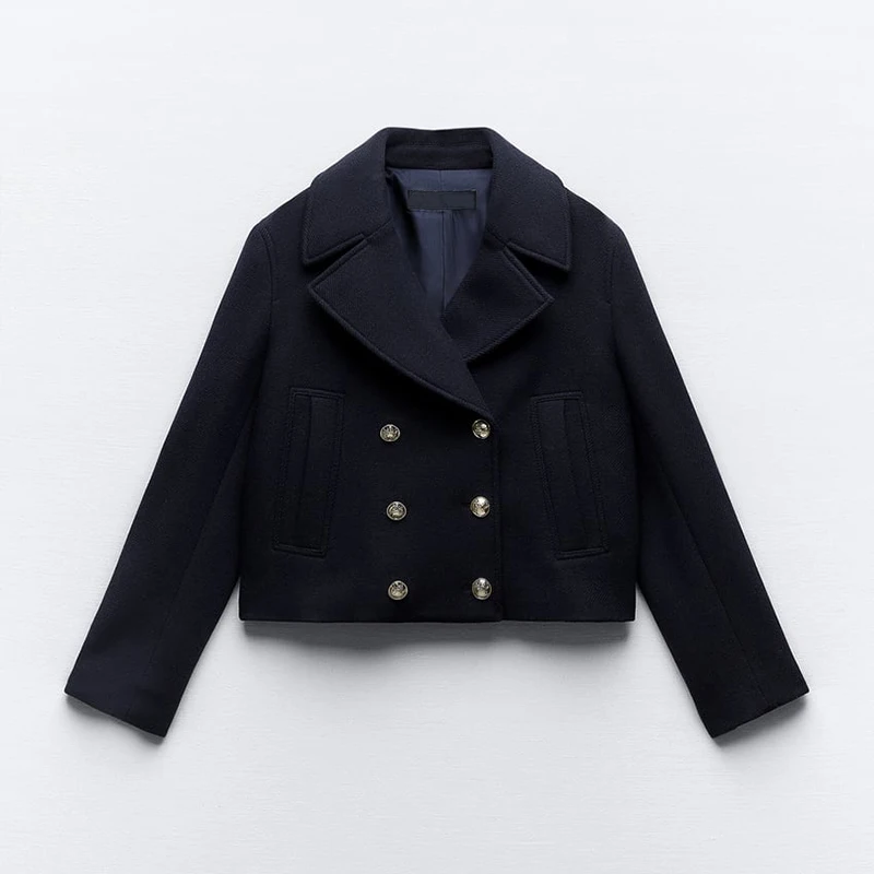 

Spring Autumn Women's New Jacket Wool Blended Short Double Breasted Coat Long Sleeve Lapel Pocket Solid Outerwear