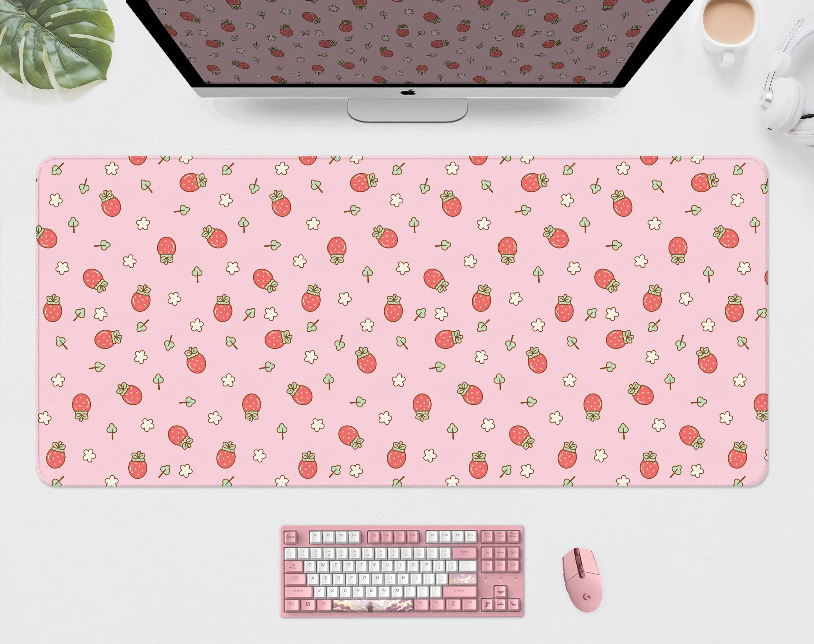 

Kawaii Strawberry Deskmat Cute Pastel Pink Gaming Mousepad Anime Aesthetics Desk Mat Strawberry Peach Yoghurt Cute Mouse Pad