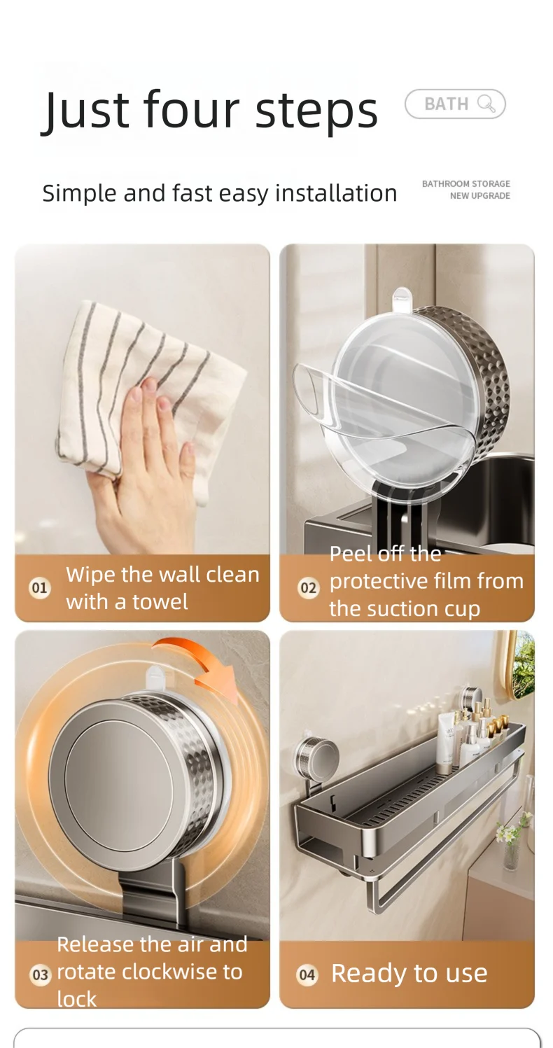 Badezimmerregal mit Saugnapf, Dusche, Badezimmer, Toilette, Raum, Aluminium, ohne Bohren, Hängeregal, Badezimmer-Organizer, zum Aufhängen an der Wand – Detail 14