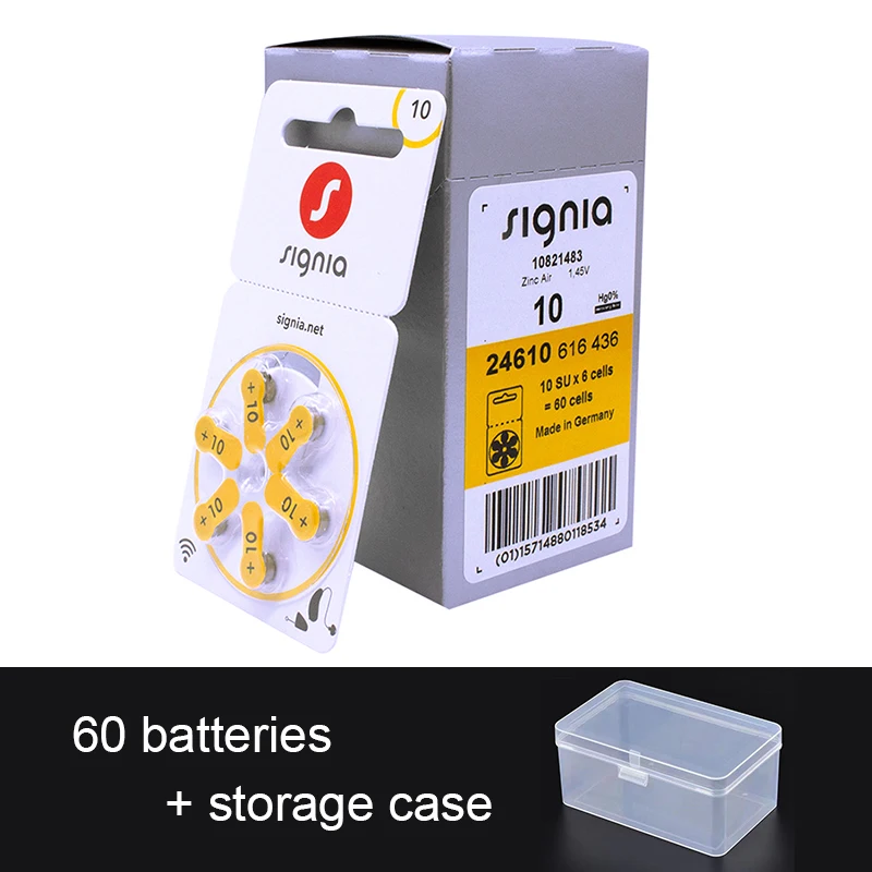 

60pcs Signia Hearing Aid Battery 10 s10 a10 10a p10 pr70 Germany Zinc Air Cell Button Hearing Aids Batteries for Sale 1.45V