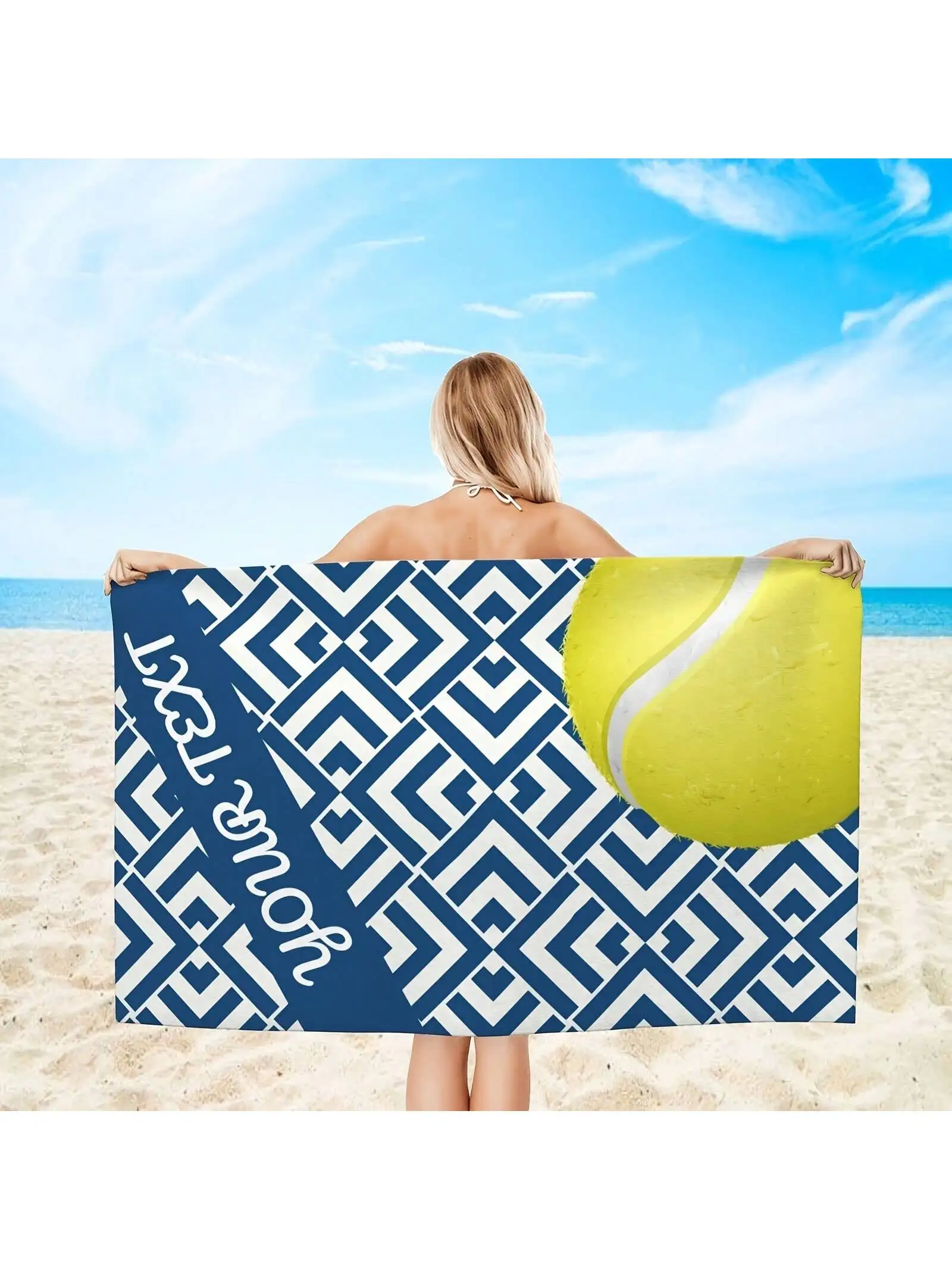 1pc Personalized Name Custom Beach Velvet Towel With Tennis Print .Ultra-Soft, Quick-Dry, Sand-Free Microfiber - Blue & White