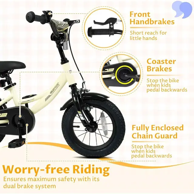Children's Bikes, 12-18 Inch with Training Wheels, Dual Brakes, Adjustable Seat & Handlebar, Suitable for 3-8 Years