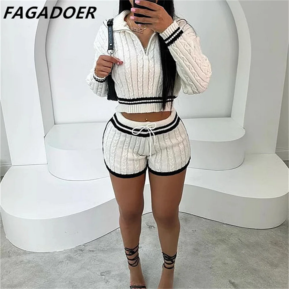 FAGADOER Sweet Knit Piece Sets Women Outfit Female Lapel