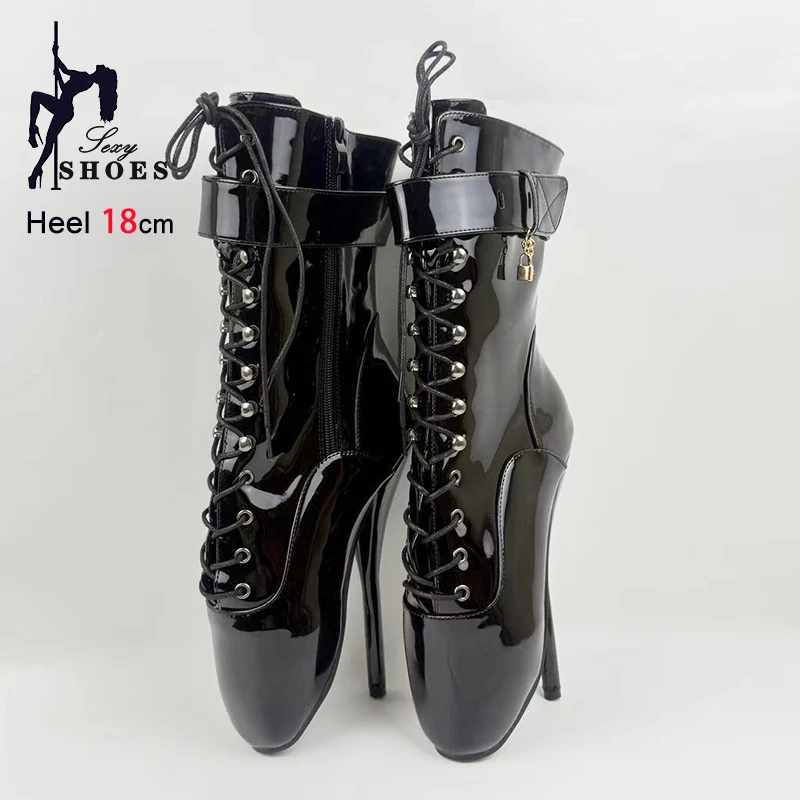 18CM Sexy Thin High Heel Black Belt buckle Ballet Boots 2025 Newest Women Short Boots Side Zippper SM Fetish Shoes Size 36-46