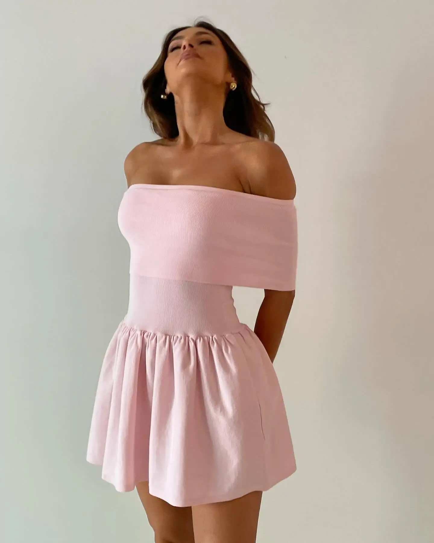 Knitted Off Shoulder Mini Dress Patchwork Ruffled Edge Slash Neck Solid Beach Holiday Princess Dress Cover Up Summer Women