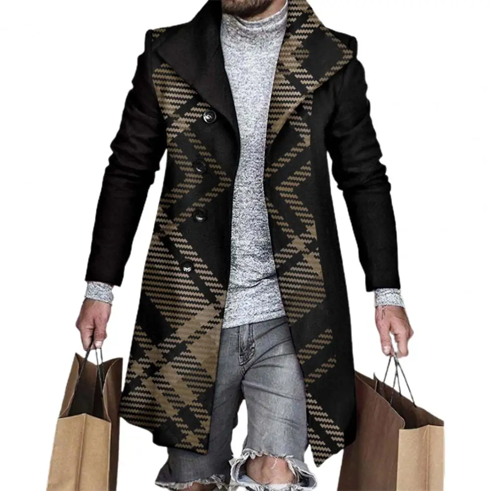 Lapel Long Sleeves Pockets Single-breasted Men Windbreaker Autumn Winter Mid-Length Plaid Patchwork Thickened Woolen Coat trench coat warmth coat waterproof windbreaker jacket casual men jacket outdoor jackets