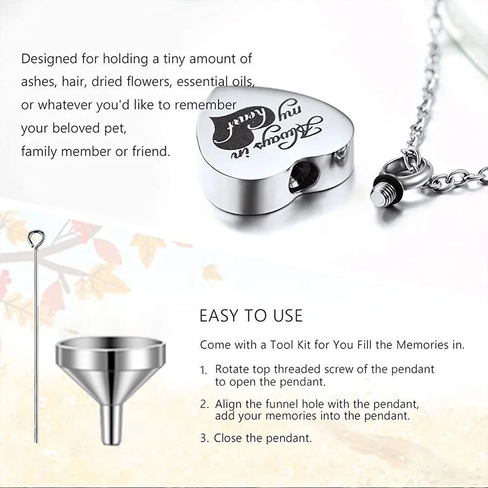 Heart Cremation Jewellery Urn Necklace for Ashes Memorial Keepsake Pendant Necklace Stainless Steel Cremation Pendant