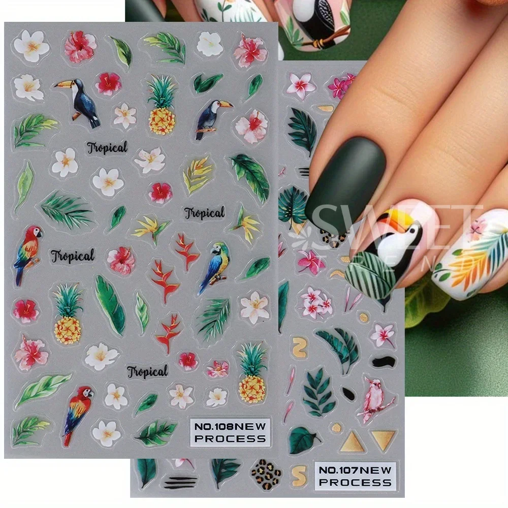 2pcs Tropical Green Leaf Designs Nail Art Stickers Palm Leaves Hibiscus Birds Decals Spring Summer DIY 3D Designs Manicure Tips