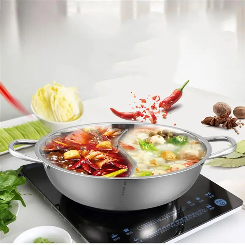  Hemoton Hot Pot with Divider Dual Sided Chinese Shabu Shabu Pot  Stainless Steel Two-Flavor Pot Stockpot Pots for Induction Cooktop Gas  Stove Silver 28cm : Home & Kitchen